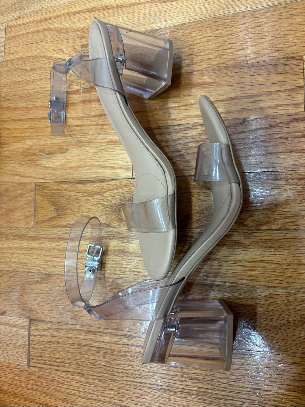 Clear Strap Block Heel Sandals in Beige